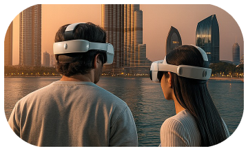 Emirati man wearing VR headset, immersed in virtual reality gaming experience, promoting VR game rental and development services by mirrorboothdubai.com in Dubai